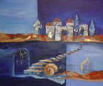Blauer  Hintergrund, mediterrane Landschaft, Stufen, Collage